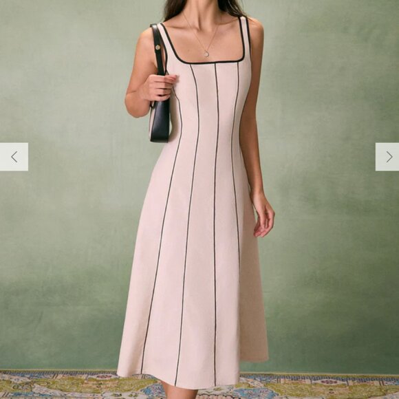 Khaki Square Neck Contrast Midi Dress - Picture 3 of 6